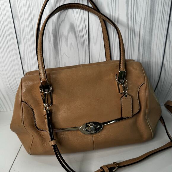 Coach Handbags - Coach Madison 25169 East West Front Flap Turnlock Satchel Camel & Pink  (READ)